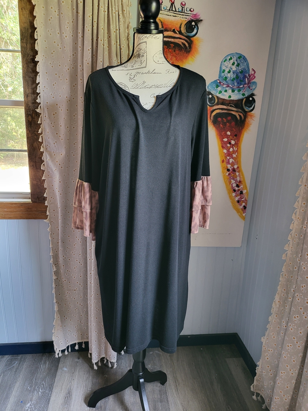 NWT Suzanne Betro Black Leopard Ruffle Sleeve Shift Dress Plus 1X